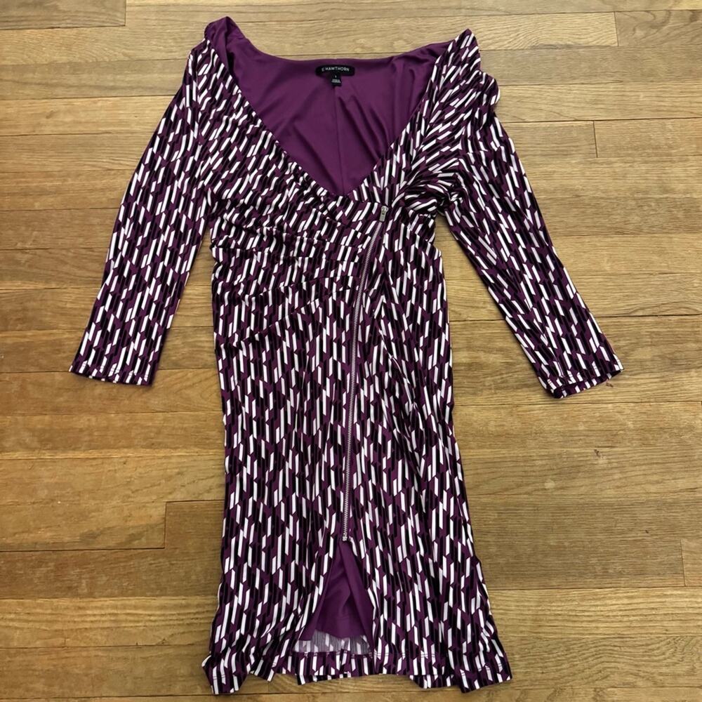 41 Hawthorne purple white 3/4 sleeve wrapped ruched midi sheath dress sz L
 b26